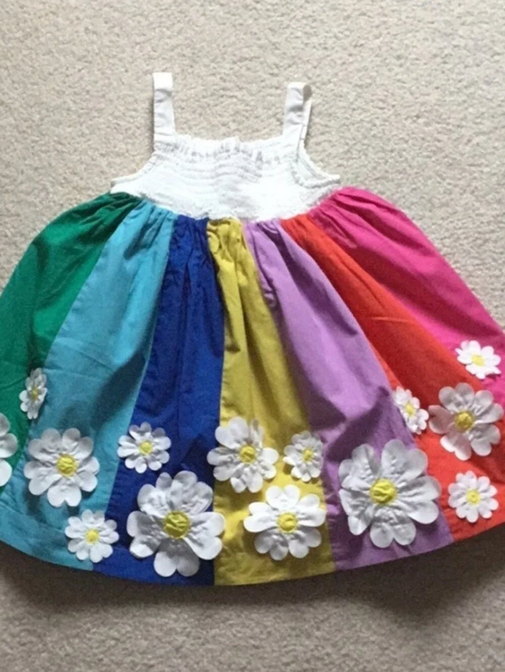 HTF Mini Boden White Smocked Top Rainbow Panel Dress with Daisy Appliqués